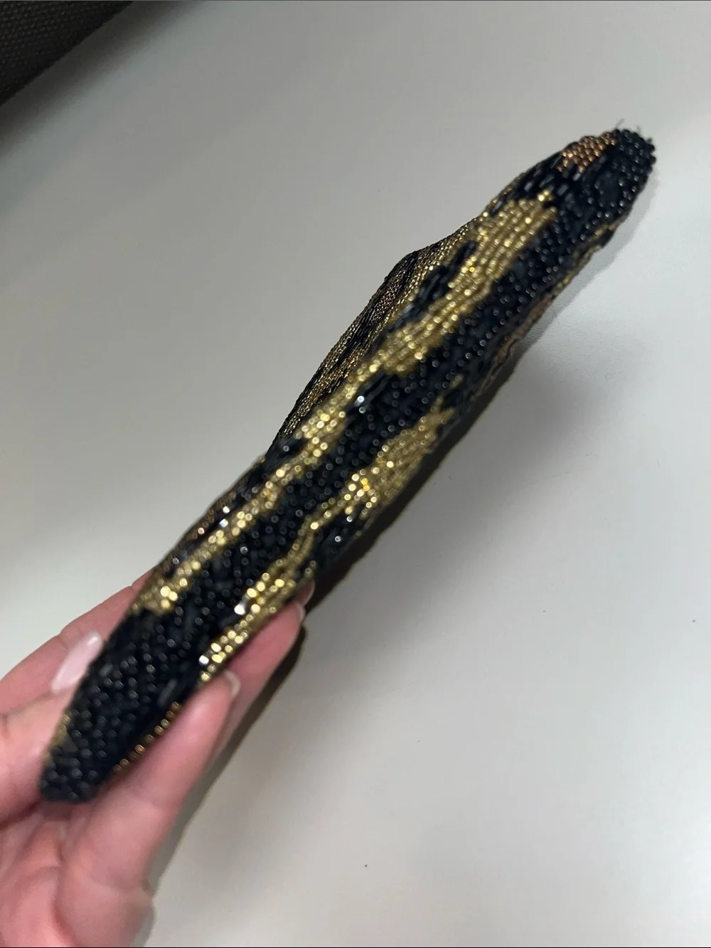 Source Unknown Gold, Black & Brown Beaded Leopard Clutch Evening Bag